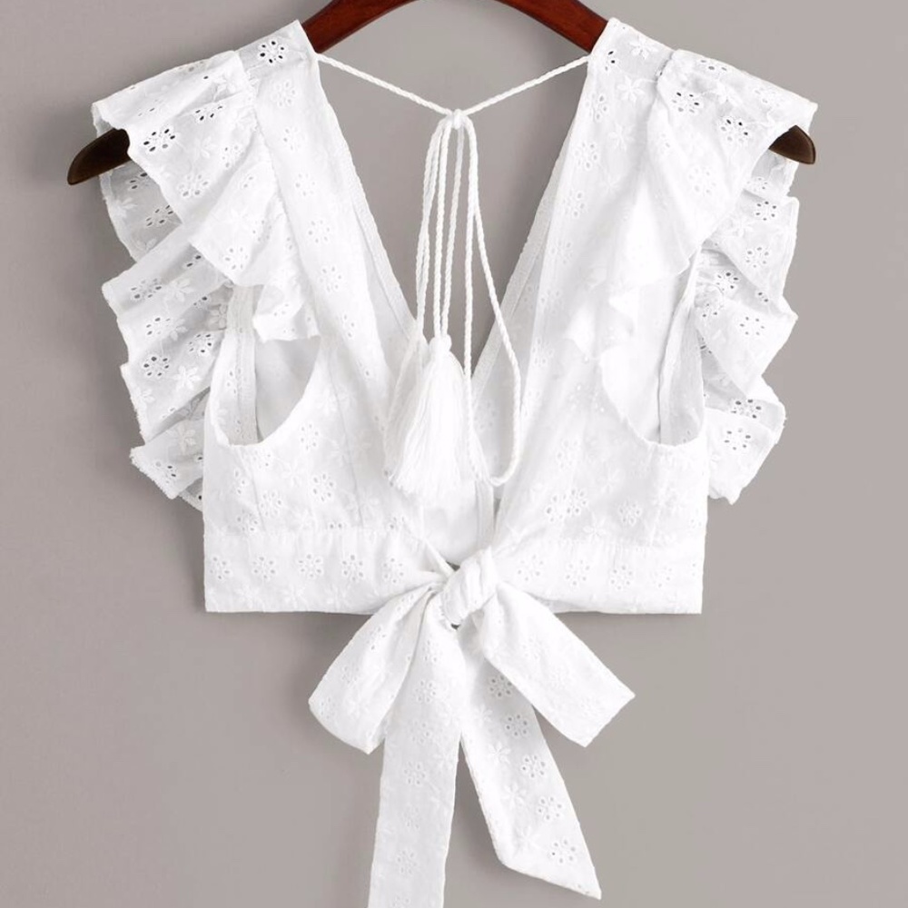 Eyelet White Tie Tassel Top